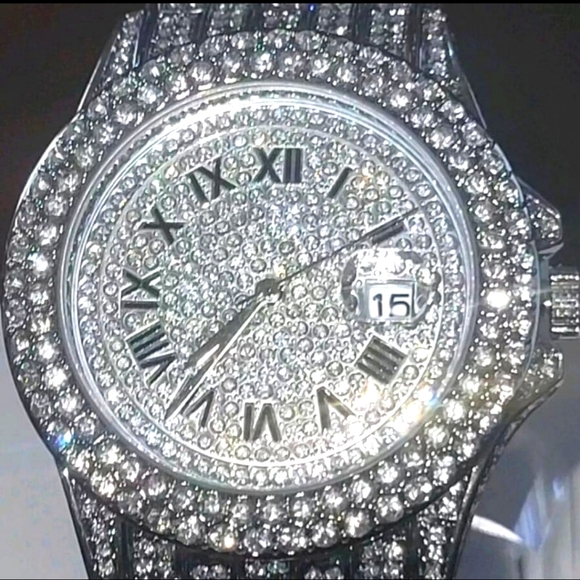 Men's Full Ice Hip Hop Bling Simulated Diamond Steel Band Watch with Day Display - Picture 2 of 12